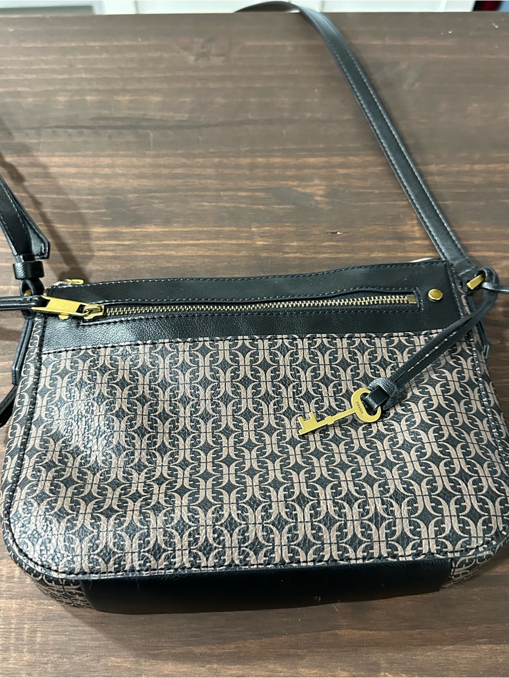 Fossil Black and Tan Monogram Crossbody Bag